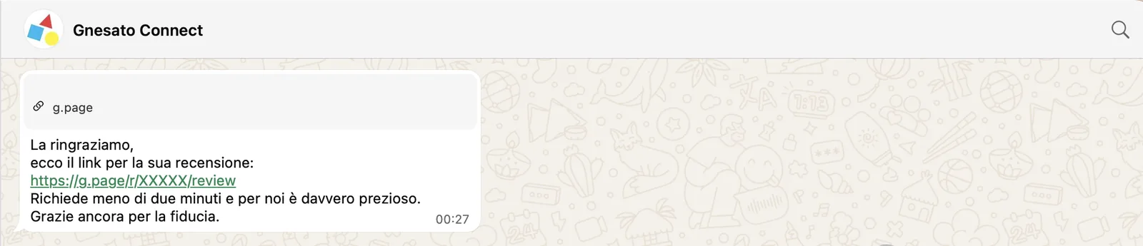 WhatsApp richiesta recensione Google, ricostruzione con dati fittizi