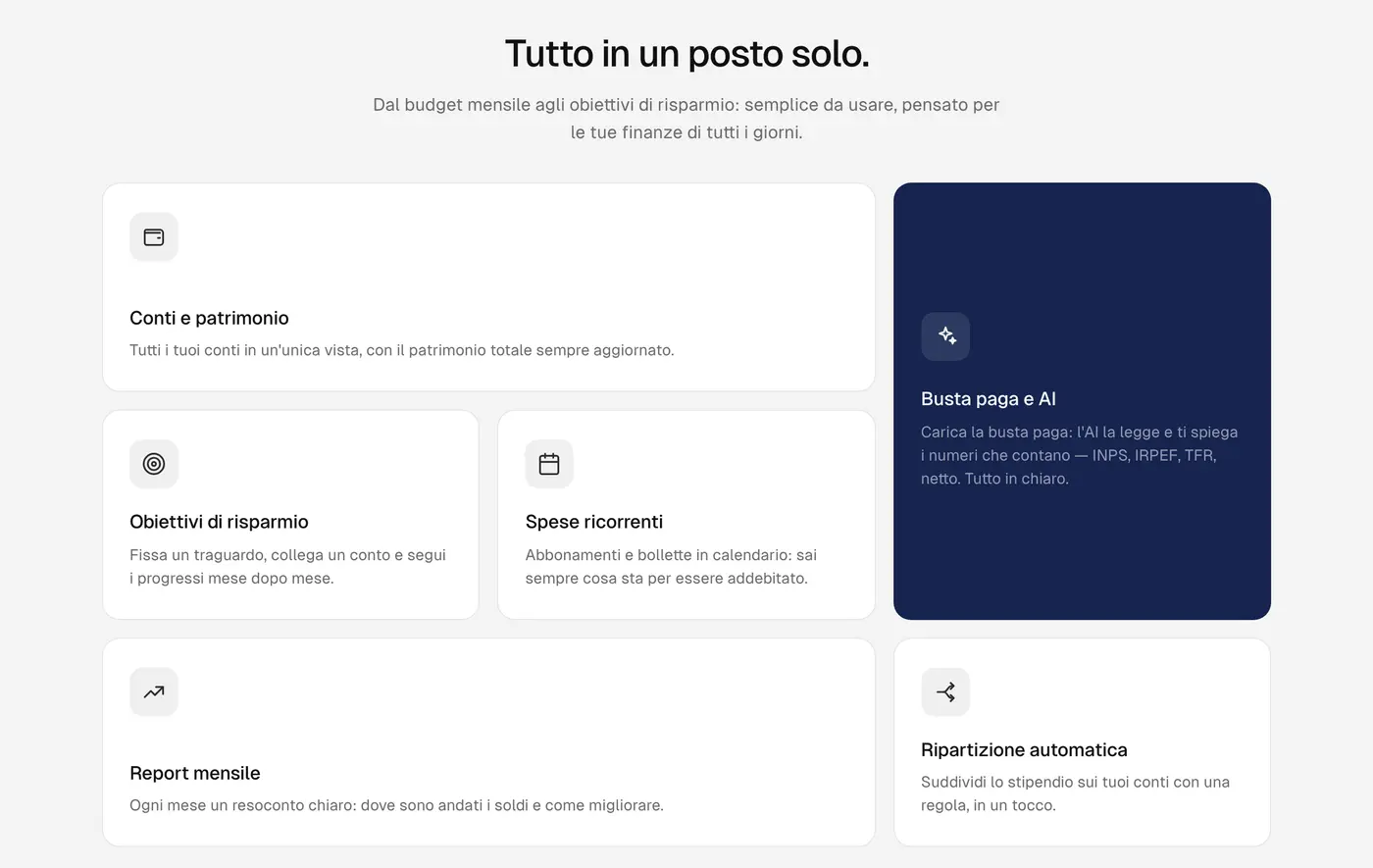 Le funzioni di Aveo su aveofinance.eu: conti e patrimonio, obiettivi di risparmio, spese ricorrenti, busta paga con AI, report mensile