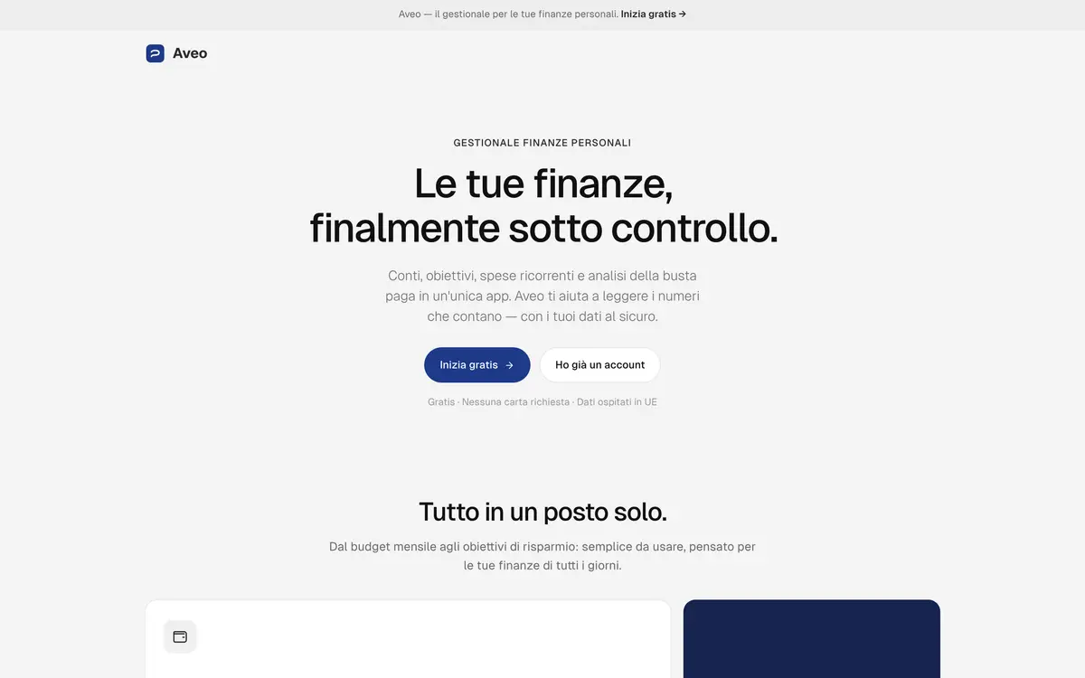 La pagina iniziale di aveofinance.eu: "Le tue finanze, finalmente sotto controllo" e il pulsante per iniziare gratis