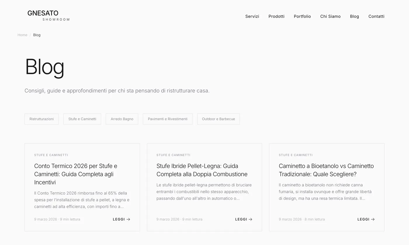 La pagina Blog del sito live: gli articoli pubblicati, divisi per categoria