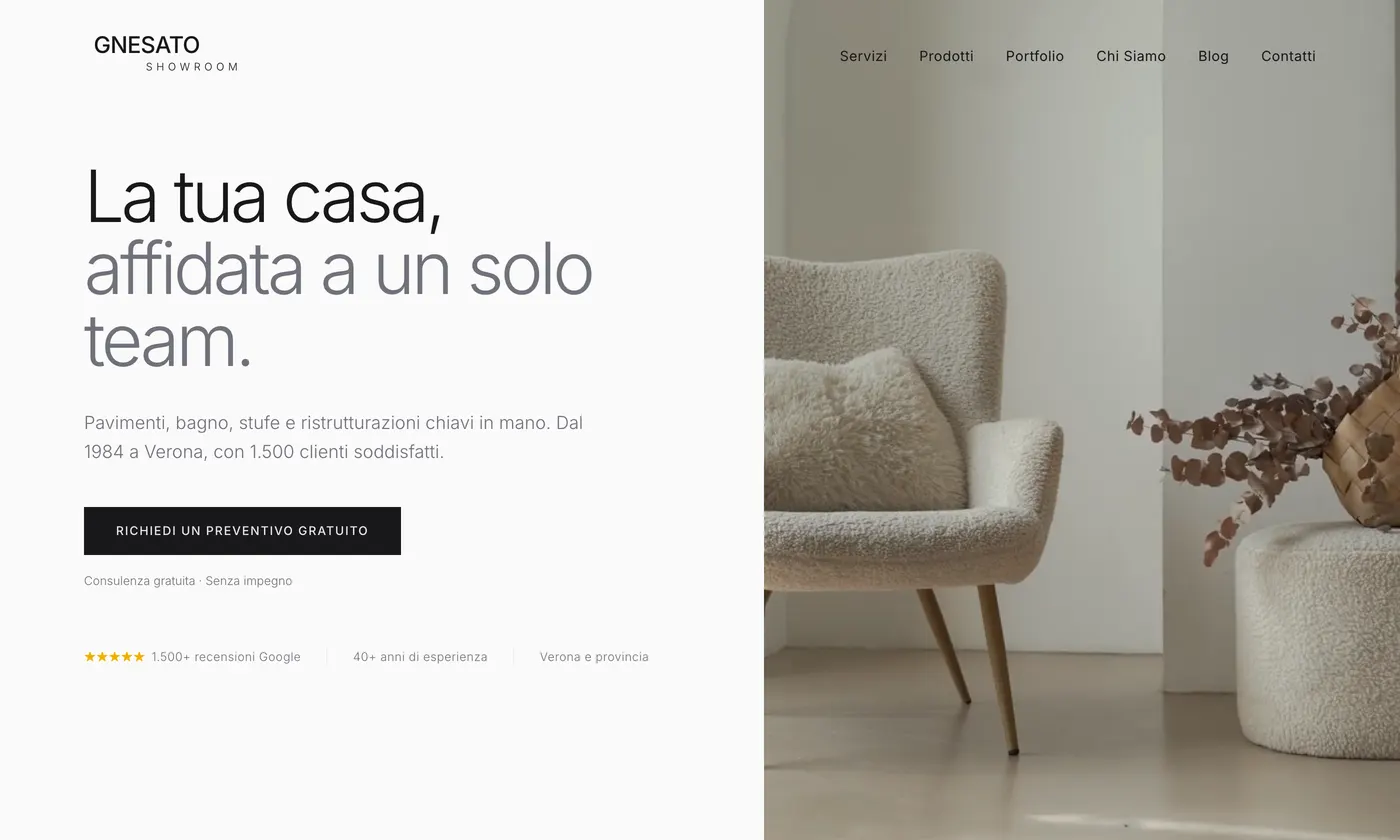 La home del sito live di Gnesato Showroom: titolo, invito al preventivo e recensioni Google